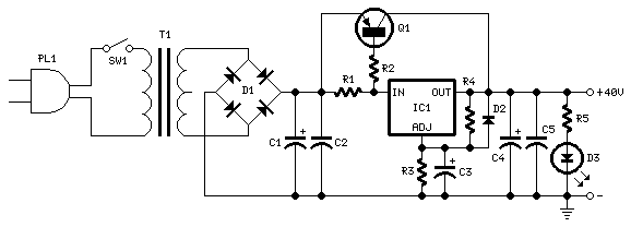 12v 4a Power Supply Circuit Diagram - 40v Regulated Power Supply Based Tip42a And Lm317 Power Supply Circuits - 12v 4a Power Supply Circuit Diagram