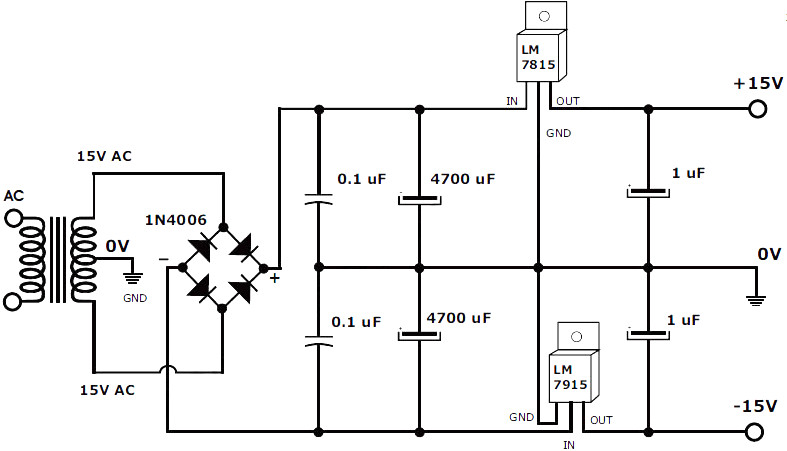 15V 1A Symmetrical Power Supply Circuit Schematic